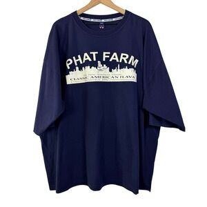 Phat Farm Mens 3XL Navy Blue Skyline Graphic T-Shirt Classic American Flava 90s